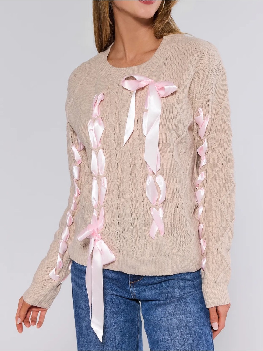 NWT Emerson Cable Knit Pink Bow Oatmeal Sweater Coquette Balletcore Size Medium
